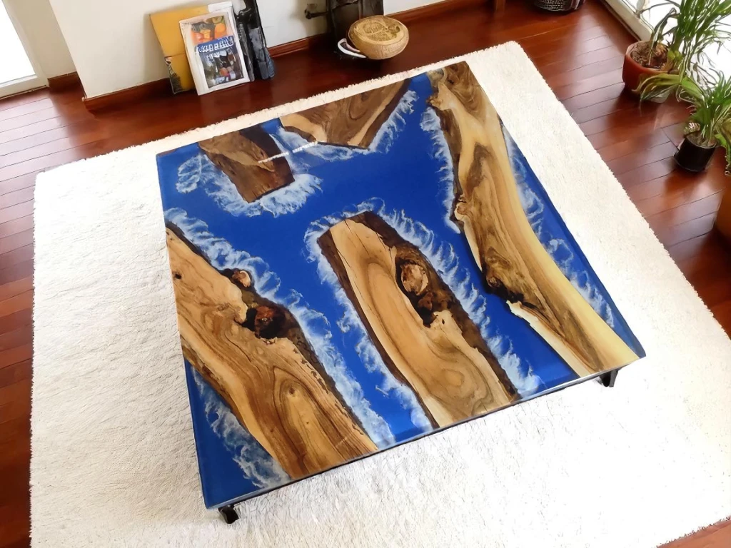 Square Sofa Table with Blue Resin River – Custom Wood Design